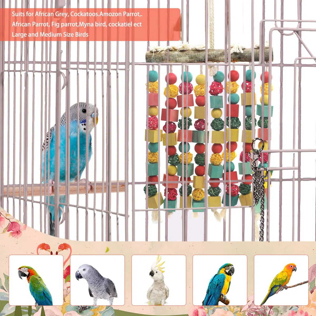 MQUPIN Grande uccello pappagallo giocattolo da masticare, in legno naturale, blocchi di legno Takraw pappagalli gabbia giocattolo adatto per grandi uccelli medi Ara,cacatua grigio africano,pappagalli