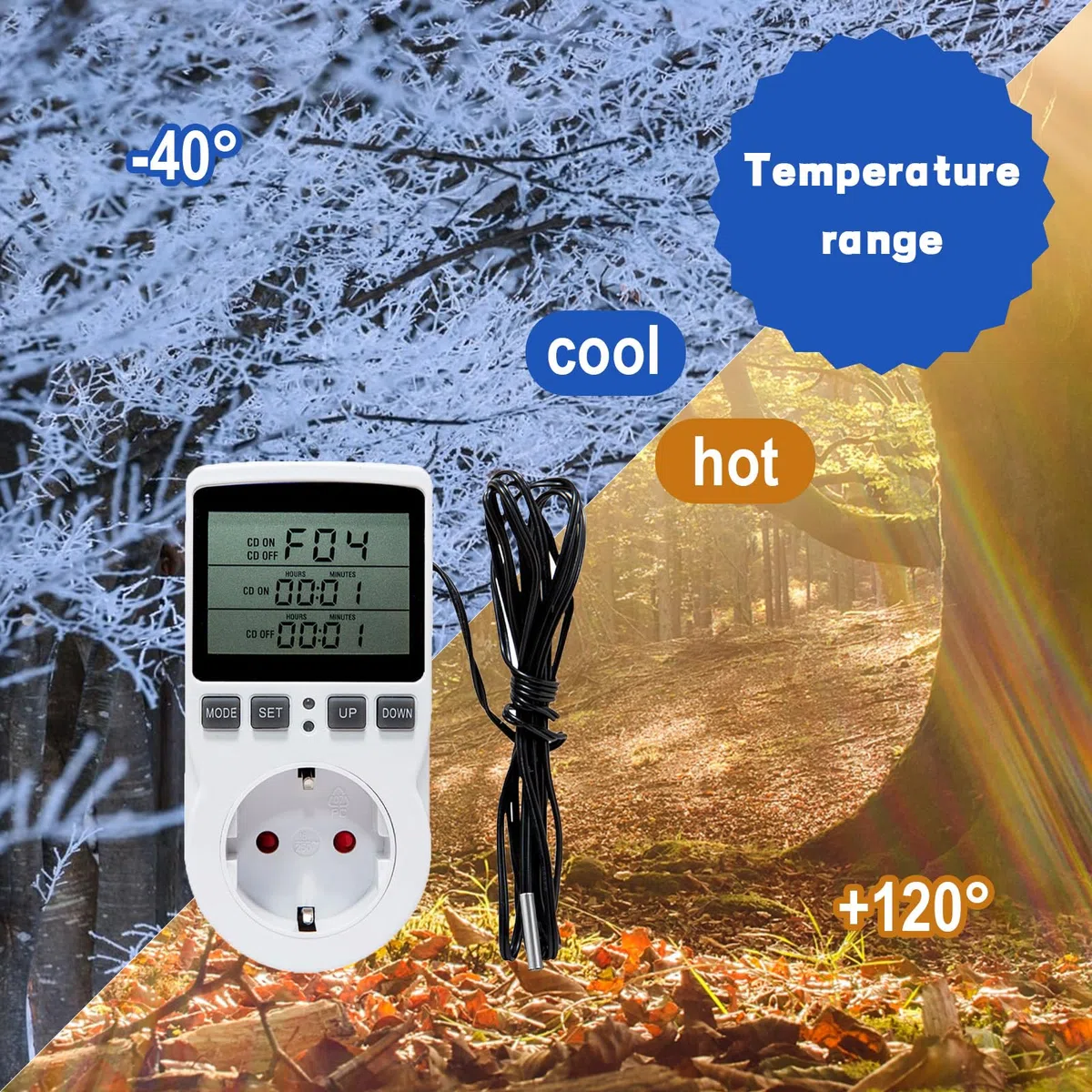 Termostato Presa Digitale Regolatore di Temperatura 230V con Sonda Presa con Regolatore di Temperatura per Serra, Acquario, Riscaldamento, Terrario, Acquario, Rettili, Incubatore Thermostat