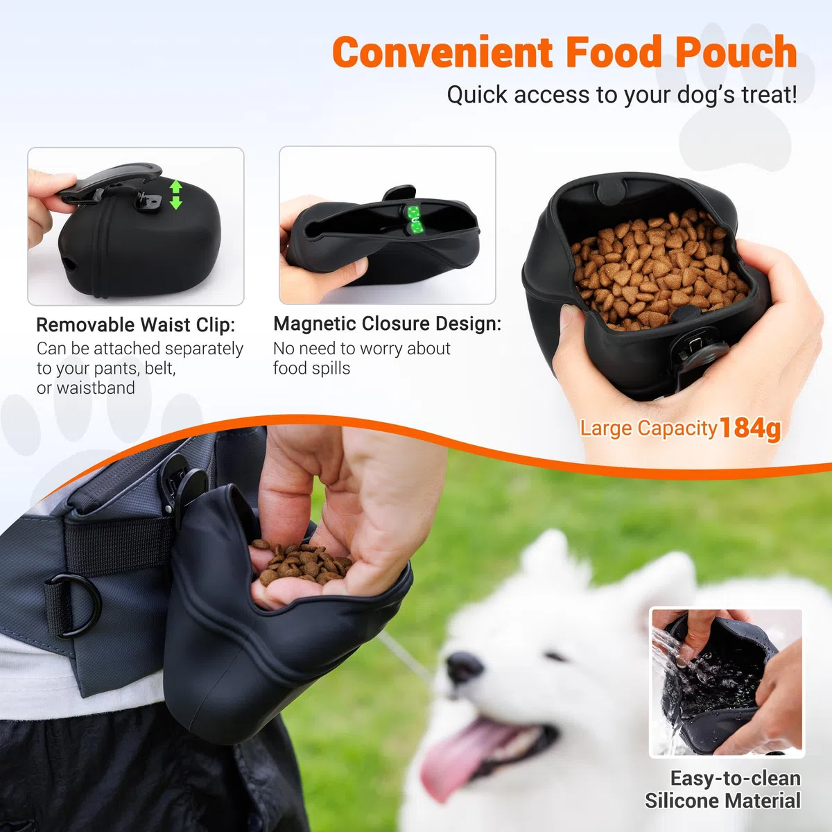 Marsupio impermeabile per cani, in silicone, con clip rimovibile in silicone, con cintura regolabile in vita e chiusura magnetica, per addestramento cani
