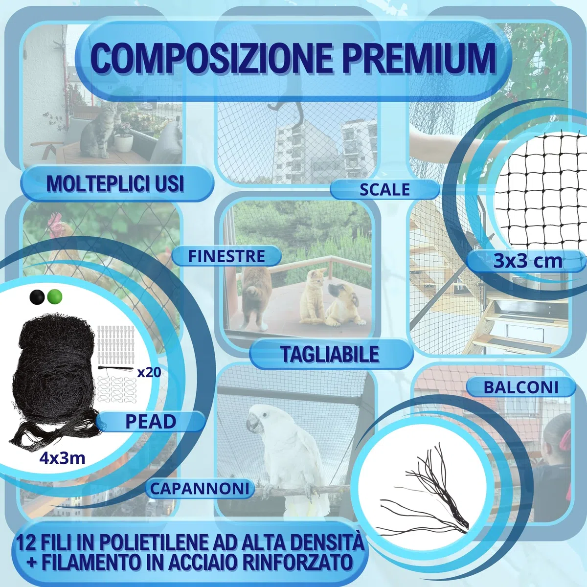 Rete per Gatti Rinforzata - Disponibile 2 Misure e Colori a Scelta - Rete per Gatti terrazza - Rete per Gatti finestre - Rete di Sicurezza per Gatti e Bambini