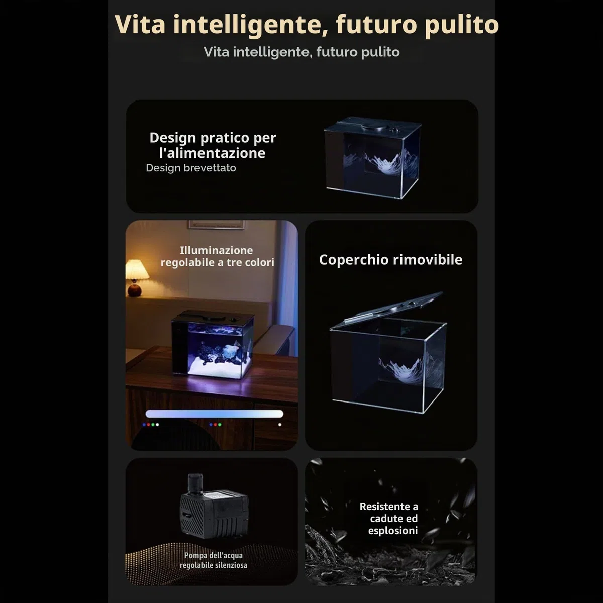 Acquario da tavolo per pesci per uso domestico con filtro laterale, filtrazione per migliorare l'ossigeno, pompa di flusso 160L/H, luminosità regolabile a 10 livelli e illuminazione a LED (S)