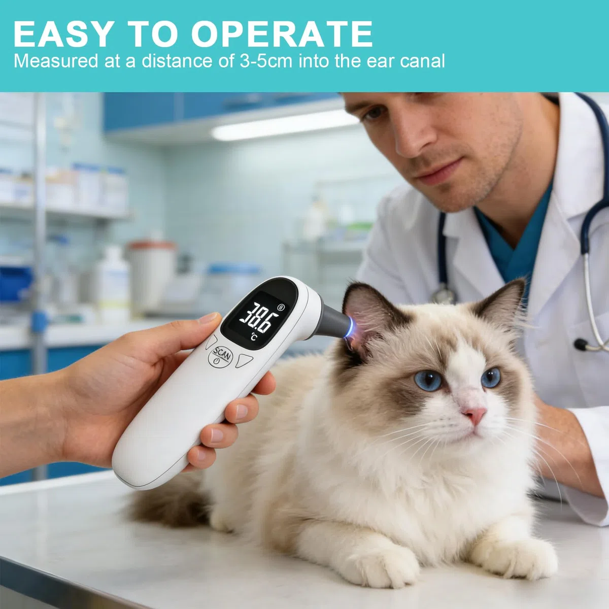 Termometro auricolare per cani e gatti, 12,8 x 3,9 cm, termometro auricolare portatile per gatti, cani, mucche, ferd (bianco)