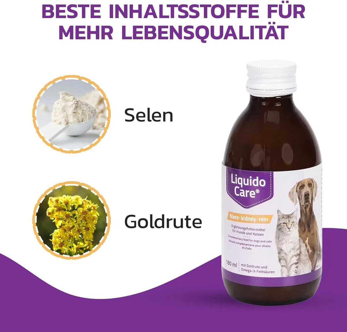 LiquidoCare Renal (180 ml) – Mangime complementare per cani e gatti – con verga d’oro, selenio, vitamine e acidi grassi omega – integrazione nutrizionale liquida
