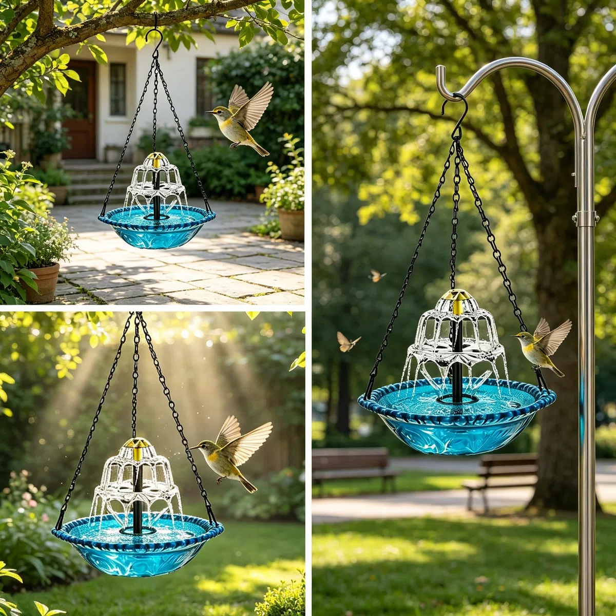 Abbeveratoio per uccelli da appendere con fontana solare, bagno per uccelli, abbeveratoio per uccelli con fontana da appendere, per giardino, balcone, terrazza, con catene in metallo, decorativo