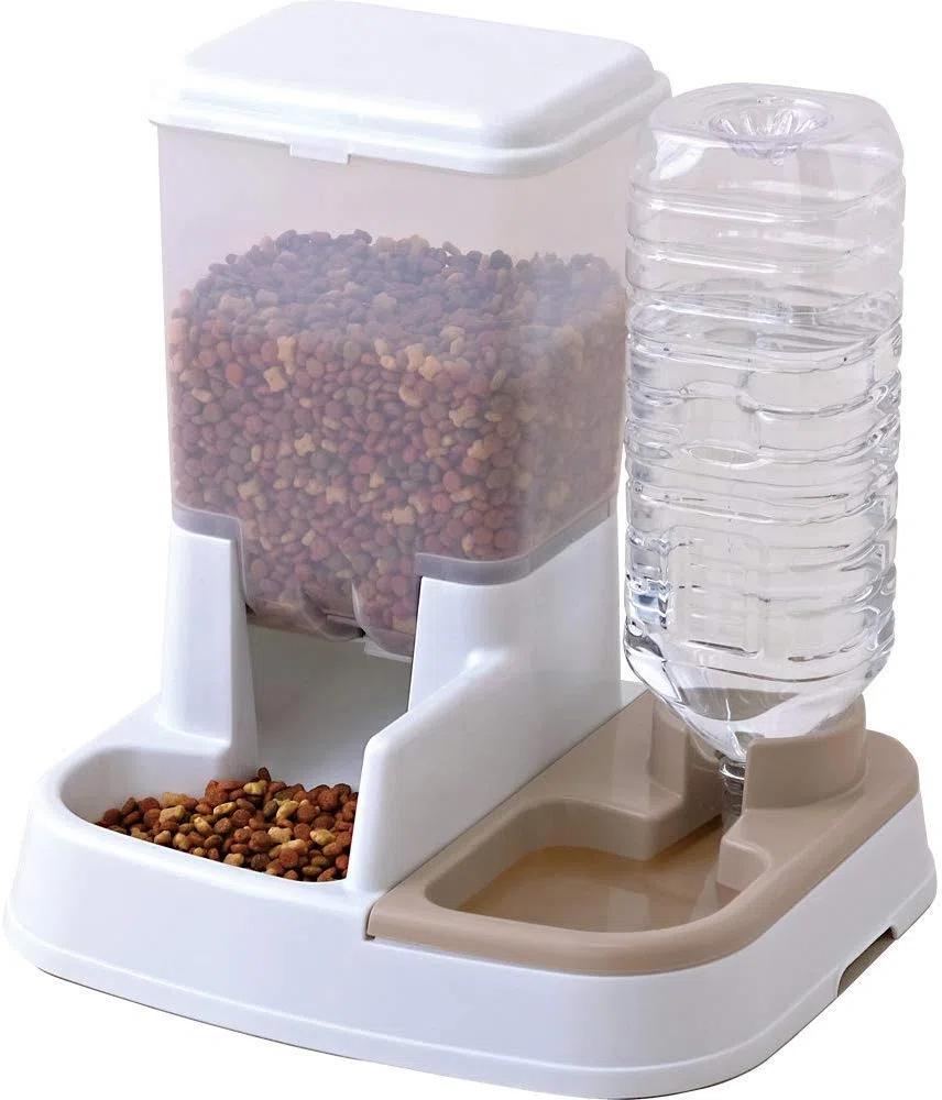 Iris Ohyama, Dosatore acqua (2 L) e cibo (1.5 kg) regolatore di approvvigionamento idrico, portello regolazione crocchette, coperchio asportabile per cane e gatto - Pet Food Feeder JQ-350, Bianca