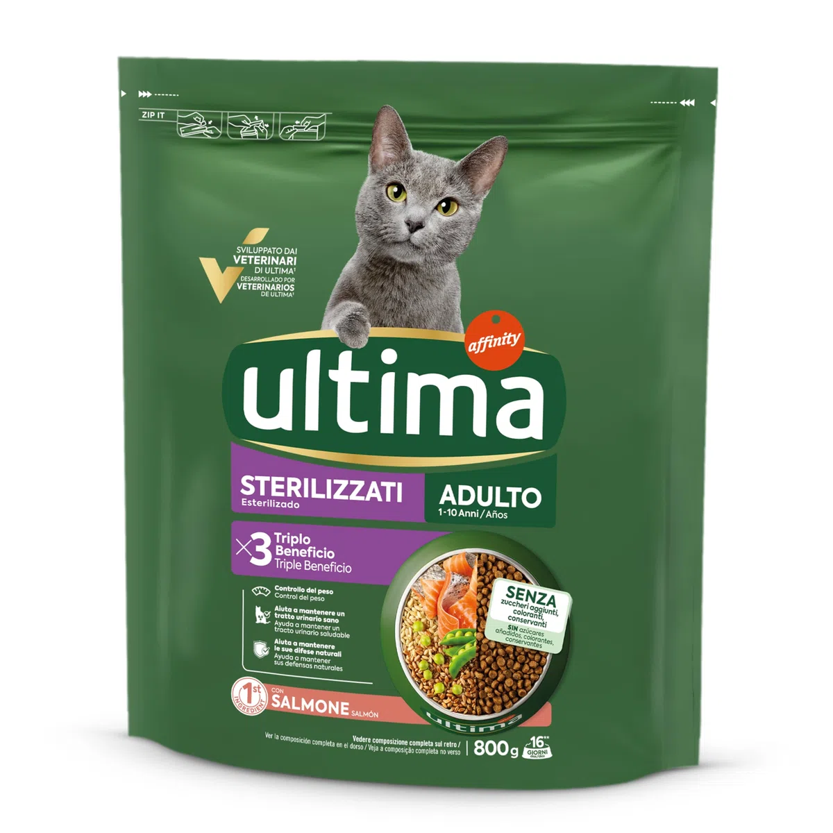 Ultima Sterilizzati Adult Salmone - Crocchette per gatti - Confezione da 8 x 800g - Totale 6,4kg