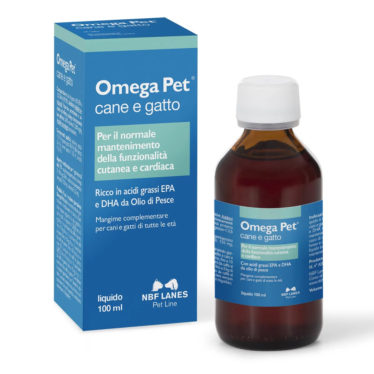 NBF Lanes | Omega Pet Cane e Gatto, Liquido 100 ml, per il Normale Mantenimento della Funzionalità Cutanea e Cardiaca