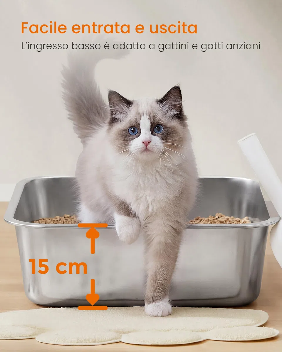 Feandrea Lettiera per Gatti in Acciaio Inox, Vaschetta Aperta con Paletta, 45 x 35 x 15 cm per Gattini e Gatti Piccoli, Argento PPT014E101