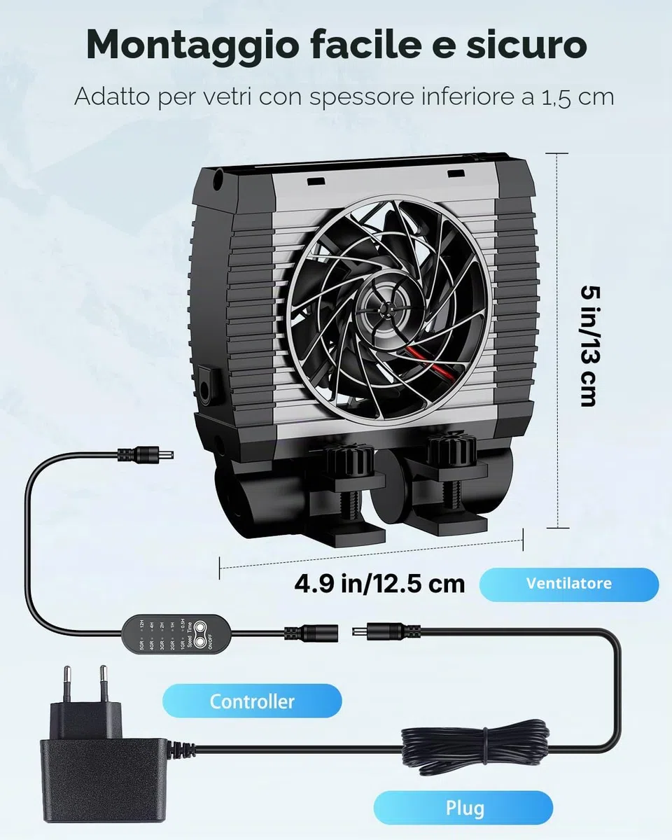 Pawfly Raffreddatore per acquari, per acquari Silenzioso, Ventilatore per acquari con velocità Regolabile e Timer, raffreddatore d'Acqua per terrari per vasche Fino a 40 cm (1 Ventilatore)