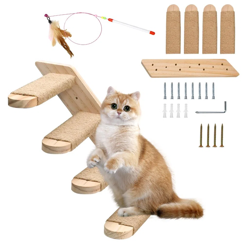 Scala da Parete per Gatto per arrampicata,Scaletta per Gatto con Corda di Luta,4 Scale e Gradini da Parete per Gatti,Montata a Muro per Arrampicata, Giocare, Rilassarsi