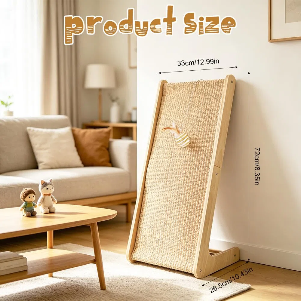 CEWROM Tiragraffi gatto grande 68 cm, sisal tiragraffi gatti, in legno di faggio massiccio e sisal naturale, design reversibile a forma di L, tappetino antigraffio per divano e protezione da parete