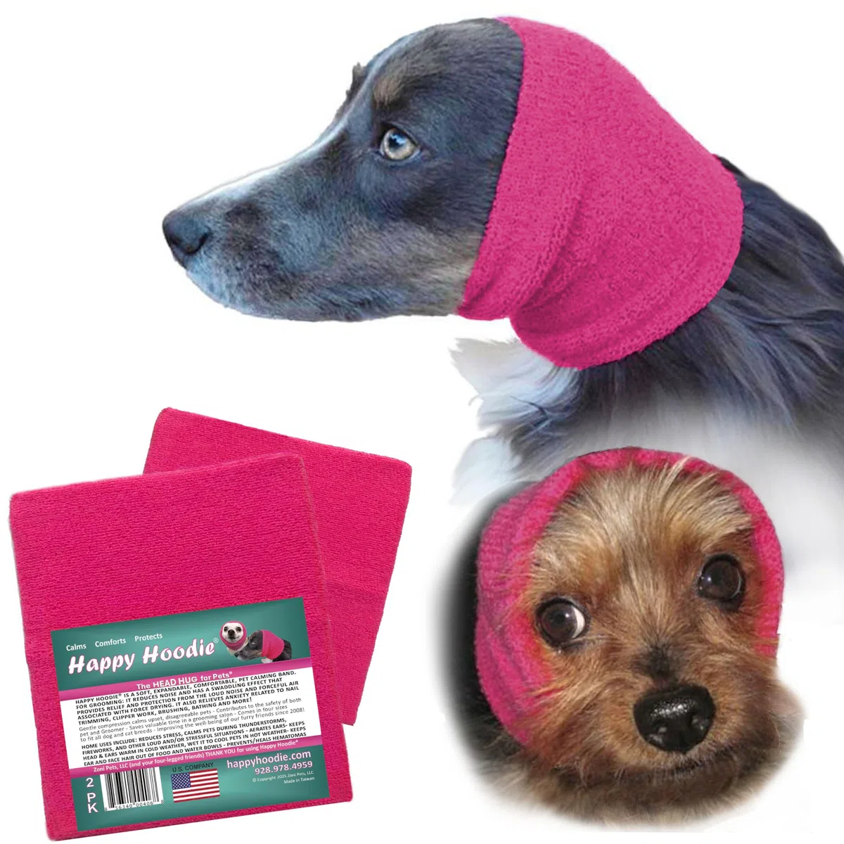 Happy Hoodie The Original Dog & Cat Calming Band - Marchio americano - sollievo dall'ansia/protezione dal rumore - toelettatura - tuono - fuochi d'artificio confezione da 2 rosa (1 piccolo, 1 grande