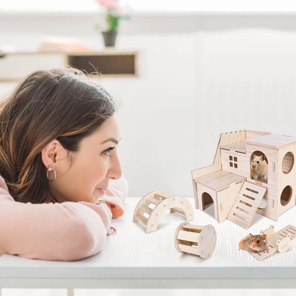 Giochi per Criceti, 7 Pezzi Giochi Criceto in Legno, Gabbia per Criceti, Casetta per Criceti, Criceto Giocattolo Fai Da Te, Accessori per Criceti, Altalena e Ponte per Porcellini D'india