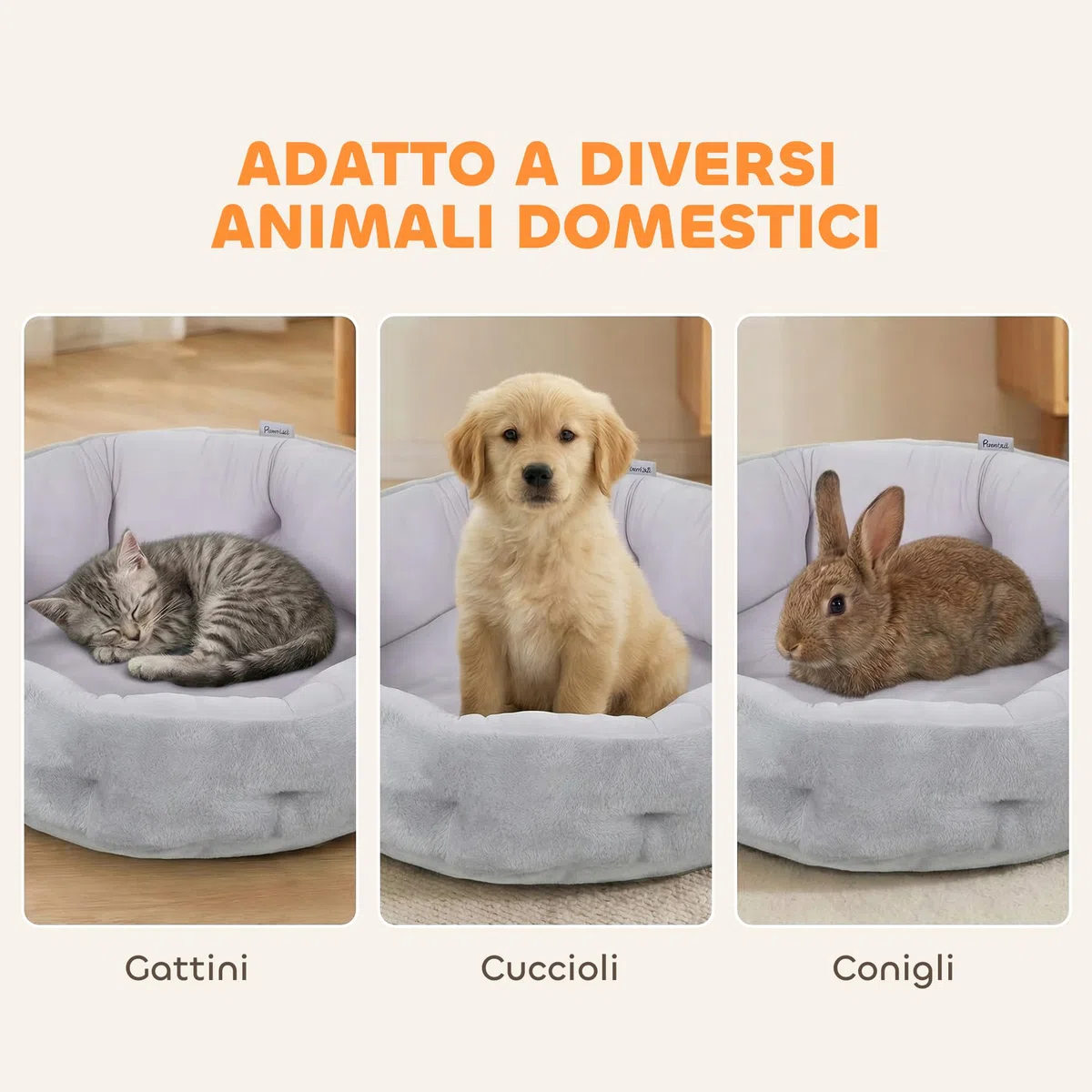 PawHut Letto per Gatti in Peluche, Cuccia per Gatti Rotondo con Bordo di Supporto, Uso su Entrambi i Lati, 62x62x21 cm, Grigio Chiaro