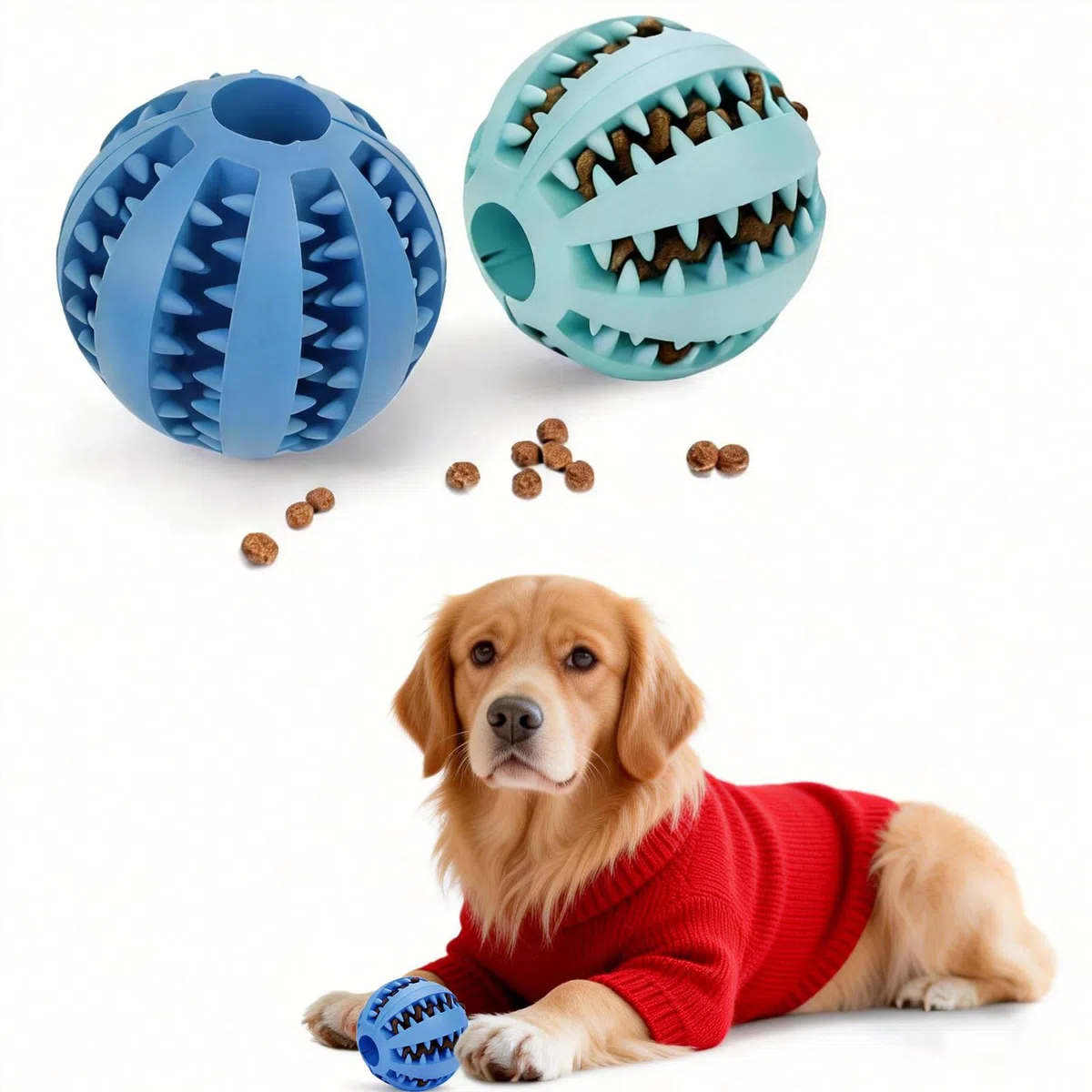 DEWEL Palla per cani giocattolo interattivo per cani giocattolo dispenser per dolcetti per animali domestici palla dentale indistrut tibile palla per la pulizia dei denti (Blu-Verde, 7CM-2PCS)