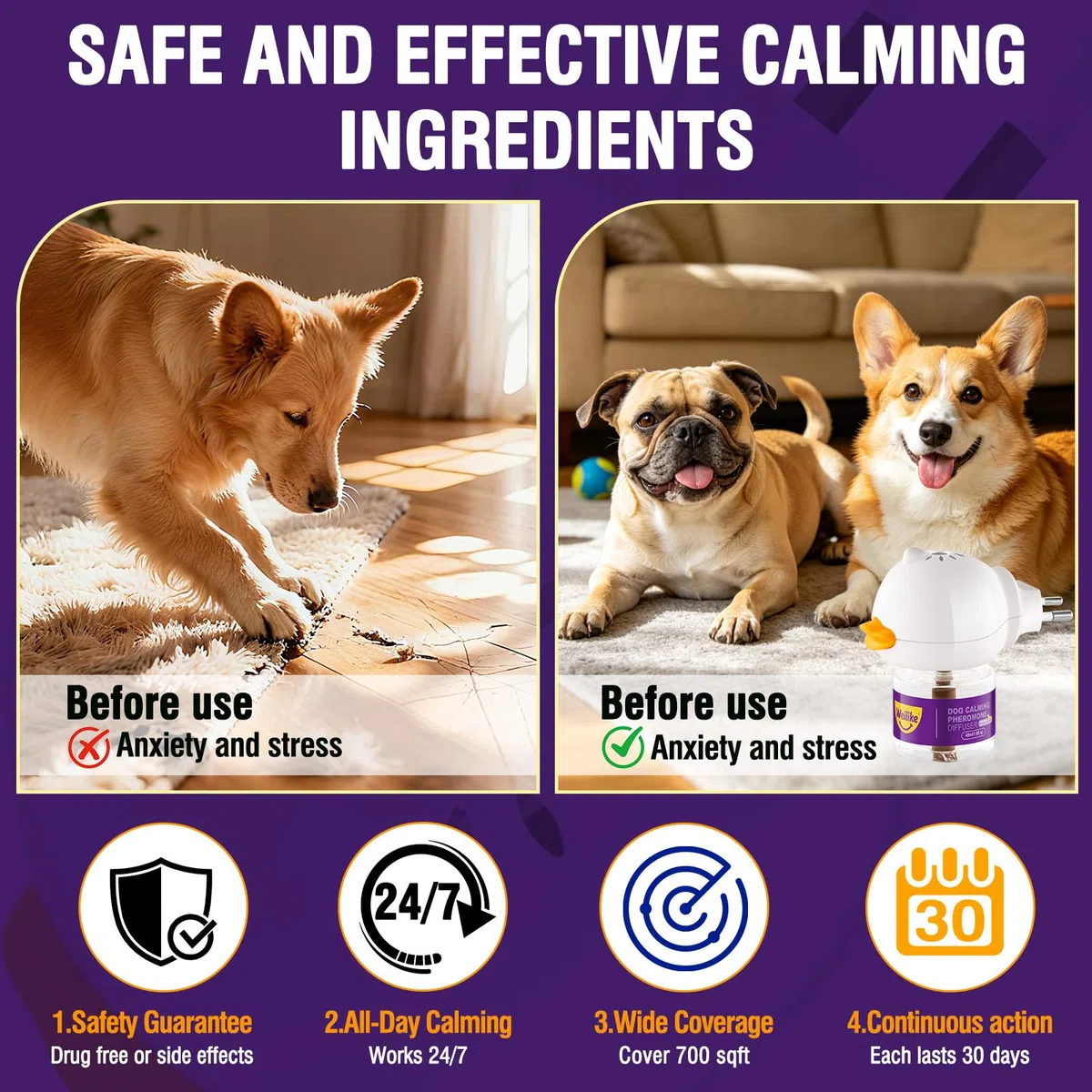 Diffusore di Feromoni Rilassanti per Cani,Sollievo Naturale dall'Ansia,Riduce Lo Stress e Favorisce Il Rilassamento,Formula Sicura ed Efficace,2 Ricariche