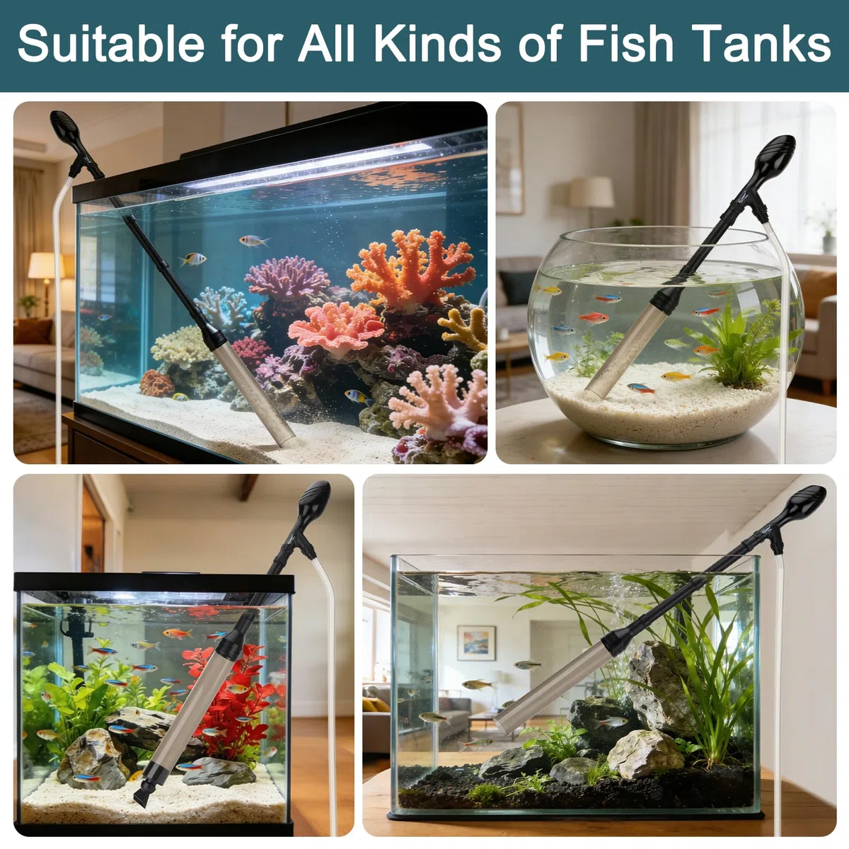 hygger Pulitore per ghiaia per acquario, azionato a mano, 256 GPH, pronto all'uso, adatto per bassi livelli di acqua, sfera di aspirazione integrata, lunghezza regolabile