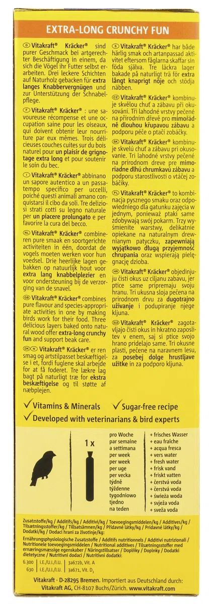 Vitakraft Kräcker, Snack per Uccelli, per Uccelli esotici, Bastoncini da sgranocchiare, con Miele e Sesamo, da Appendere nella gabbietta, Senza l'aggiunta di zuccheri (10x 60g)