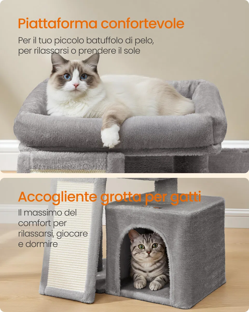 Feandrea Albero per Gatti Piccolo, Torre Tiragraffi per Gatti con Casetta, Rampa Graffiatoio Grande, Cuccia Superiore, Grotta, Alto 44,6 cm, Grigio Tortora PCT010GD01