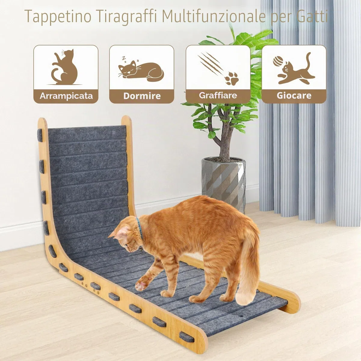 Tiragraffi per gatti, a forma di L, in feltro e legno, con campanella a sfera, resistente, per proteggere le pareti dei mobili, grigio