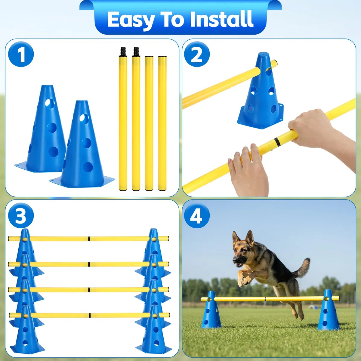 Set Agilità Cani, 8 Coni (24cm) + 4 Aste (81cm), Set Ostacoli Regolabili in Altezza, Cane Cavaletti per Allenamento Cinofilo, Parcour Bambini, Addestramento Cani e Coordinazione Sportiva