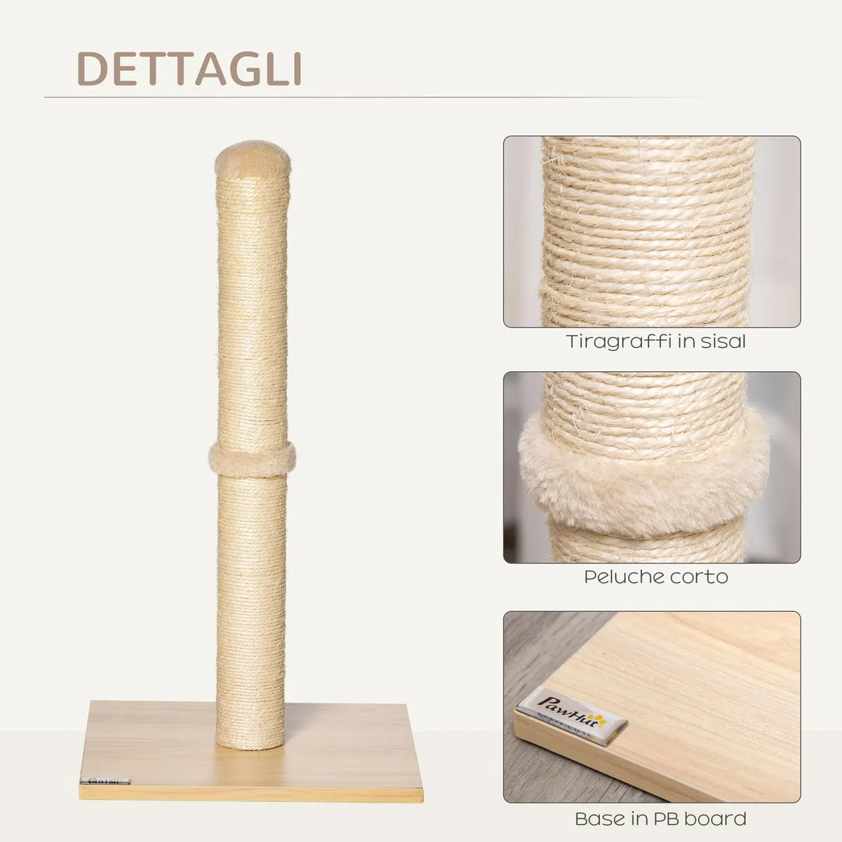 PawHut Tiragraffi per Gatti con Palo in Sisal Alto 60 cm, Mini Albero Tiragraffi Salvaspazio Multiuso con Base in Truciolato, Beige