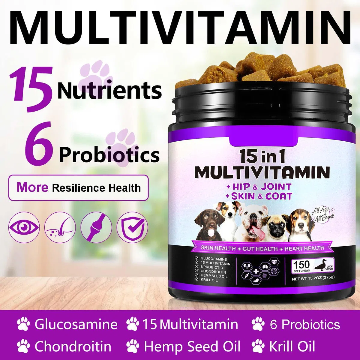 Caniglie Multivitamine Del Cane, 150 Masticazioni Vitamine per Cani, Integratori d'anca e Articolari, Sistema Immunitario, Pelle e Cappotto, Tutte le Età e Razze, Sapore di Anatra