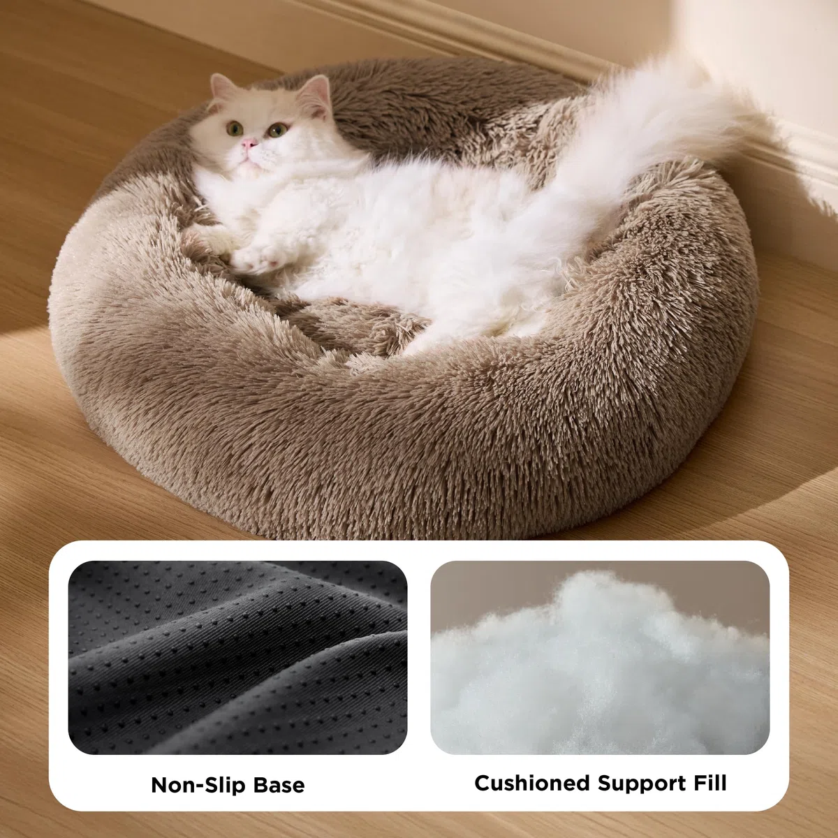 Bedsure Cuccia per gatti lavabile - Ø 50 cm, morbida cuccia per cani, posto letto per gatti e cani piccoli e medi, cuscino rotondo in peluche, letto accogliente, cammello