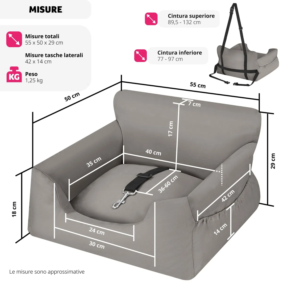 tectake® Seggiolino Auto per Cani Imbottito, Trasportino per Cani con Guinzaglio di Sicurezza, Cinghie di Fissaggio Regolabili, Rivestimento Lavabile, Compatibile con Tutti i Veicoli - Grigio