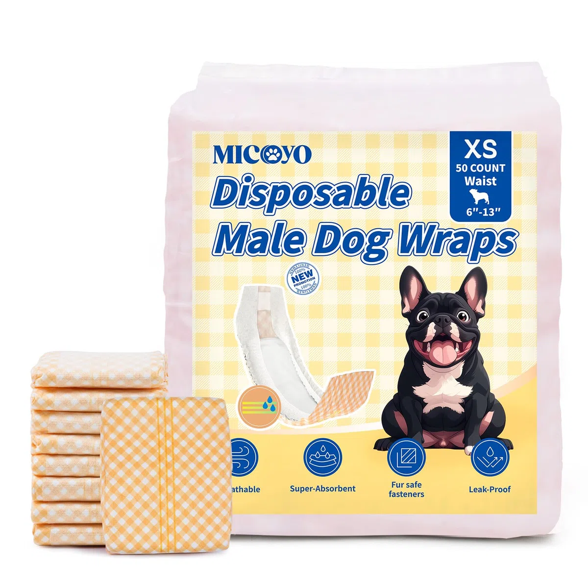 MICOOYO Pannolini usa e getta per cani maschi – Pannolini ad alta assorbenza per incontinenza con indicatore di umidità (XS, Confezione da 50)