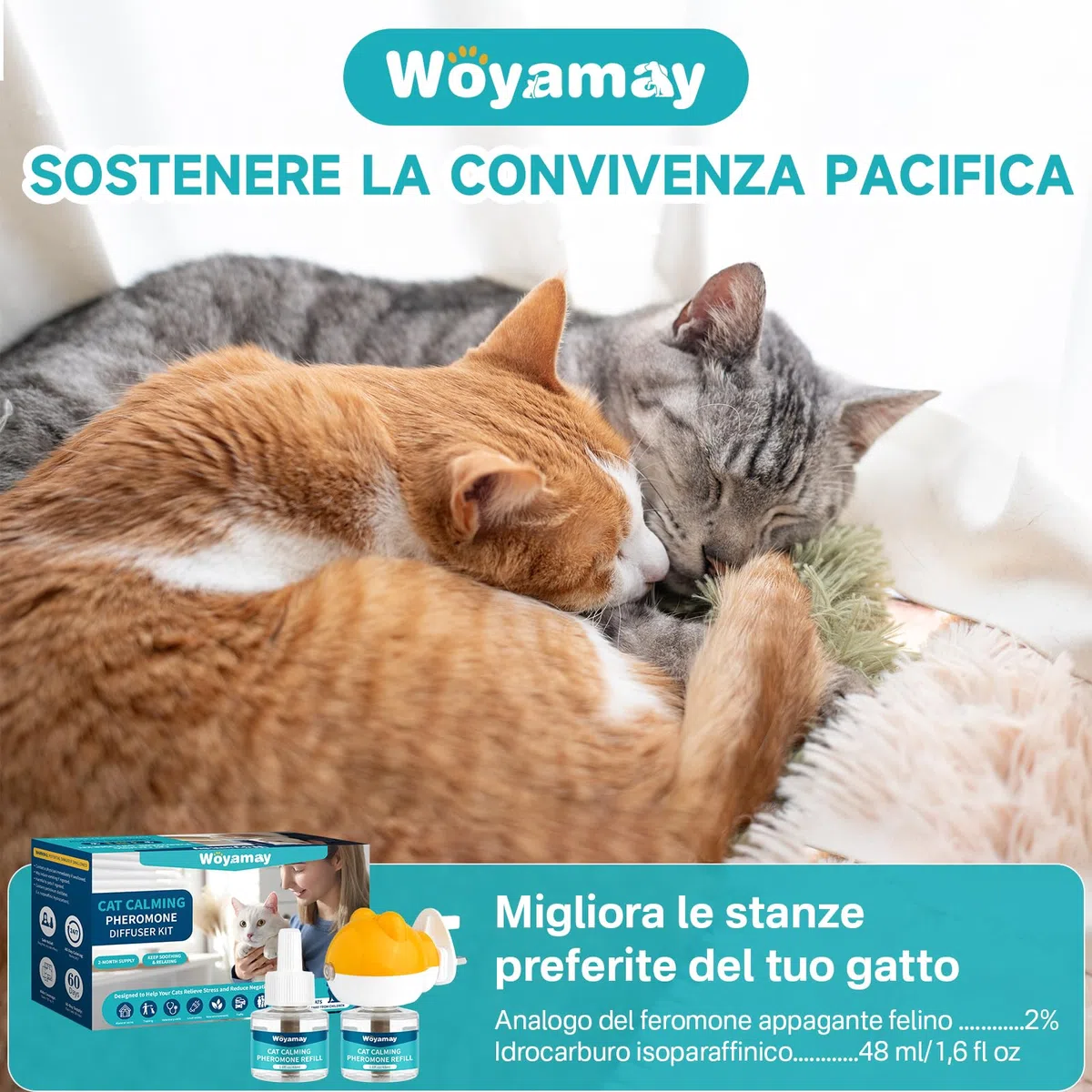 Woyamay Diffusore Feromoni per Gatti con 1 Diffusore + 2 Ricariche 48 ml, Calmante eTranquillante per Gatti, Antistress Gatto Fino a 60 Giorni
