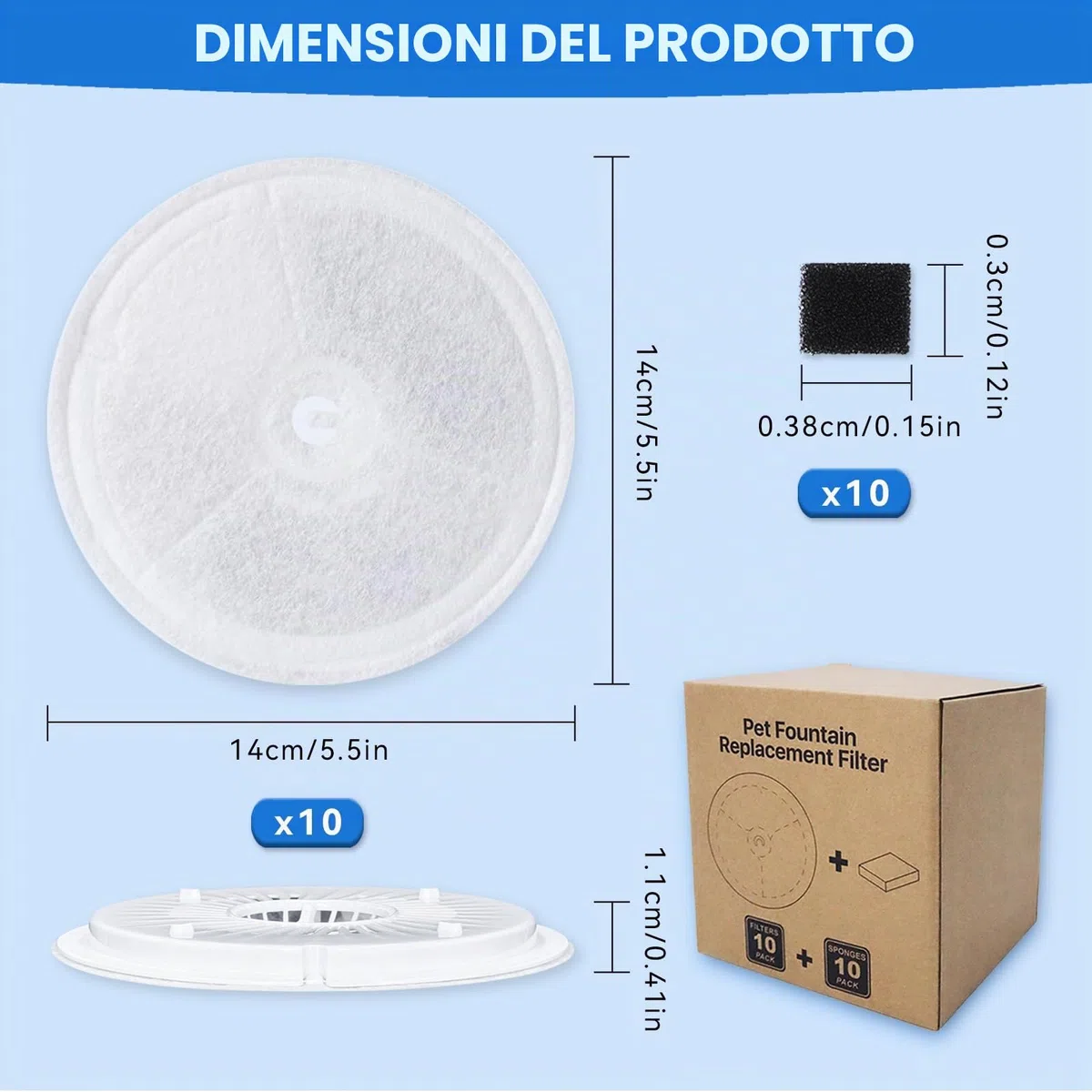 Confezione da 10 filtri di ricambio per fontanella per gatti + 10 filtri in spugna, compatibili con la fontanella per gatti wireless Petkit Eversweet Solo SE/Solo 2/3 Pro/3/2s