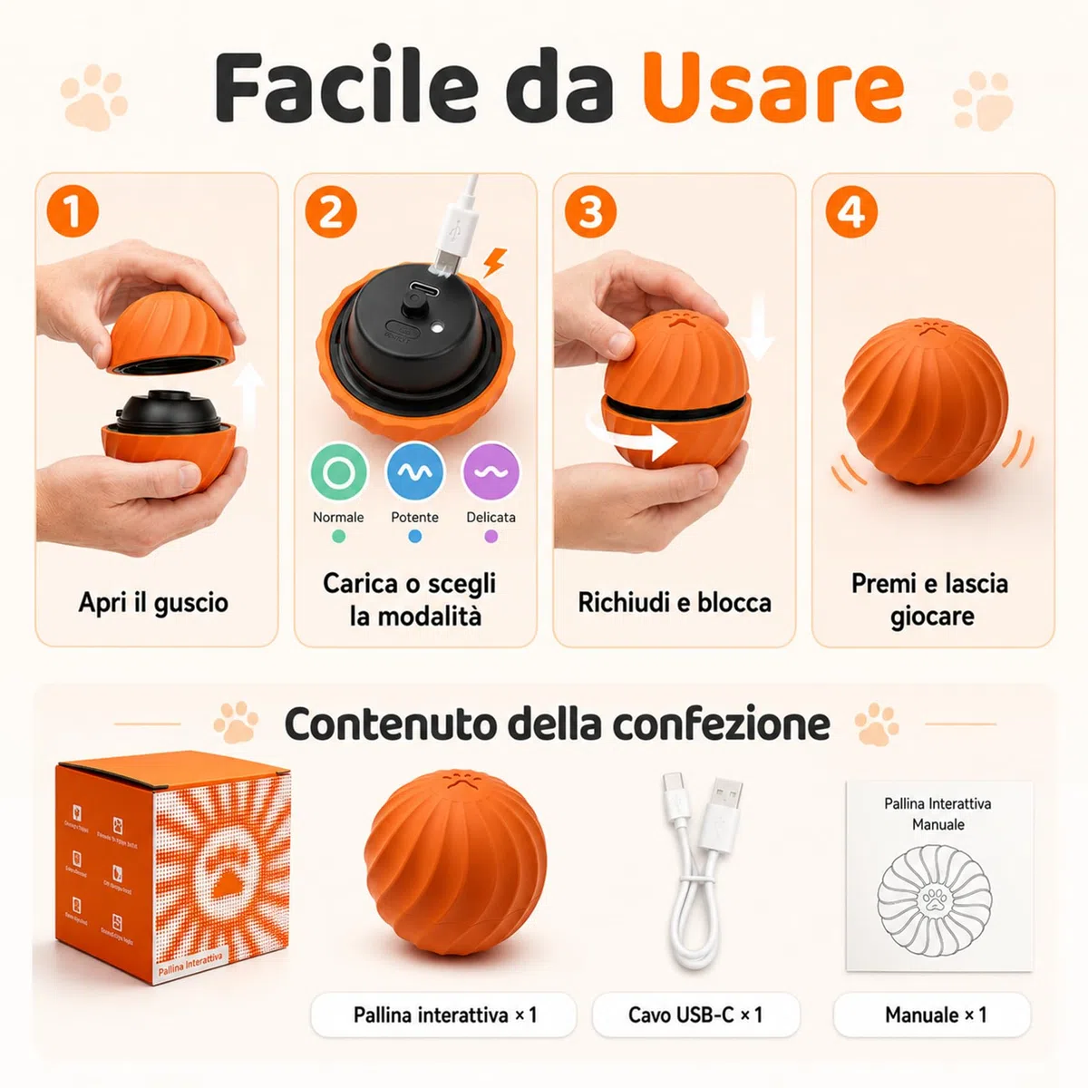 SINOTE'CA Pallina Interattiva per Cani e Gatti, Gioco Automatico con Sensore di Movimento, IP67 Impermeabile e Lavabile, 2 Modalità, 3H Batteria, Gomma Resistente ai Morsi, Ricarica USB-C