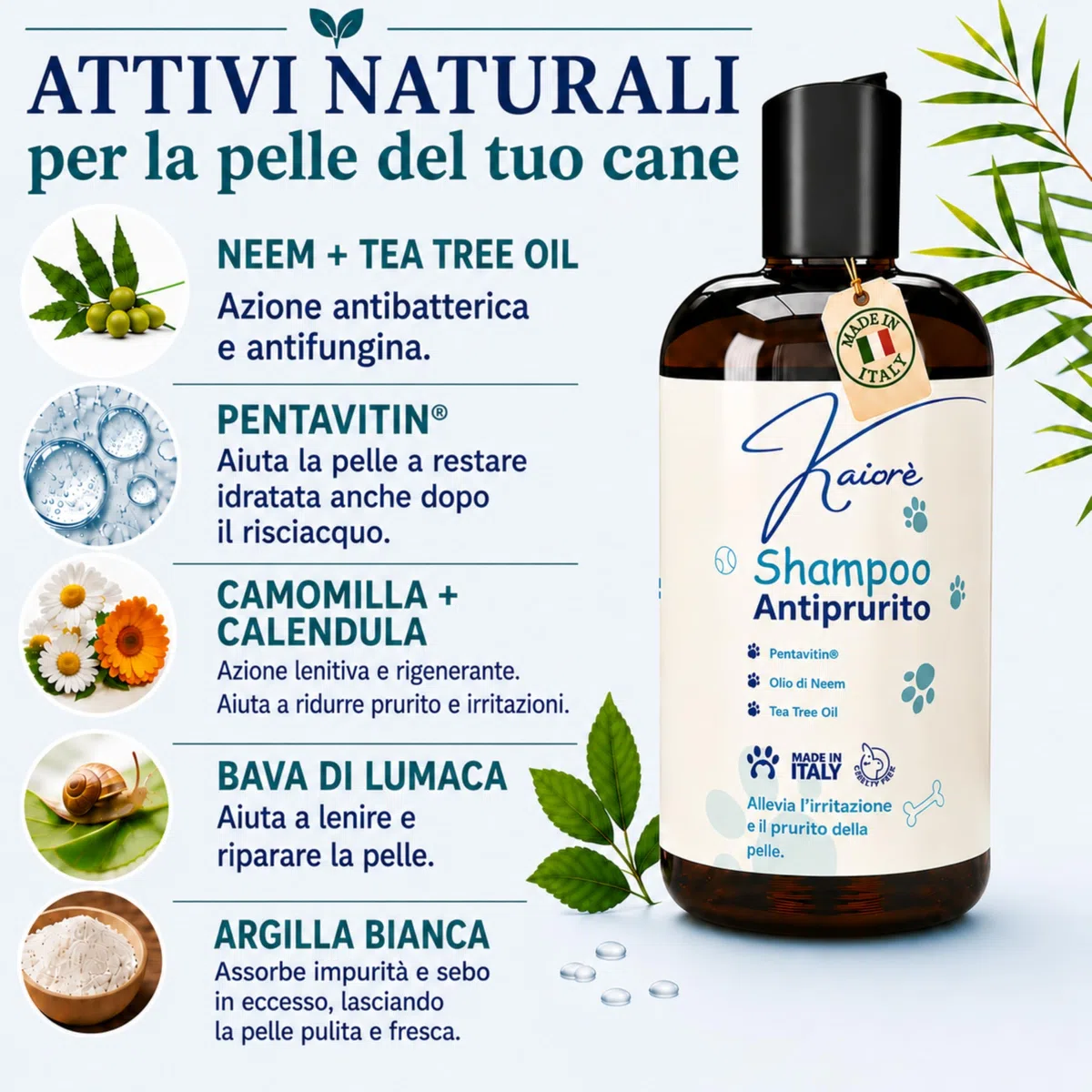 Kaiorè Shampoo Antiprurito per Cani, Adatto per dermatite, Sollievo Cute Sensibile e Irritata, con Olio di Neem, Tea Tree Oil e Pentavitin®, 250 ml