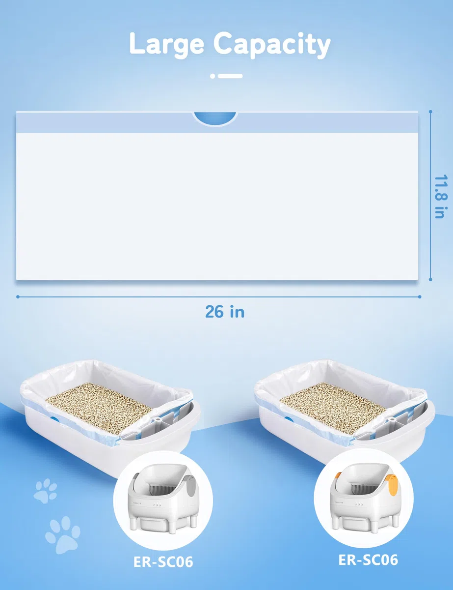 Thereye Sacchetti per Lettiera Gatto, 60 Pezzi Sacchetti per Lettiera per Gatti Autopulenti con Laccetti, 66 x 30 cm, Sacchetto di Ricarica per ER-SC06