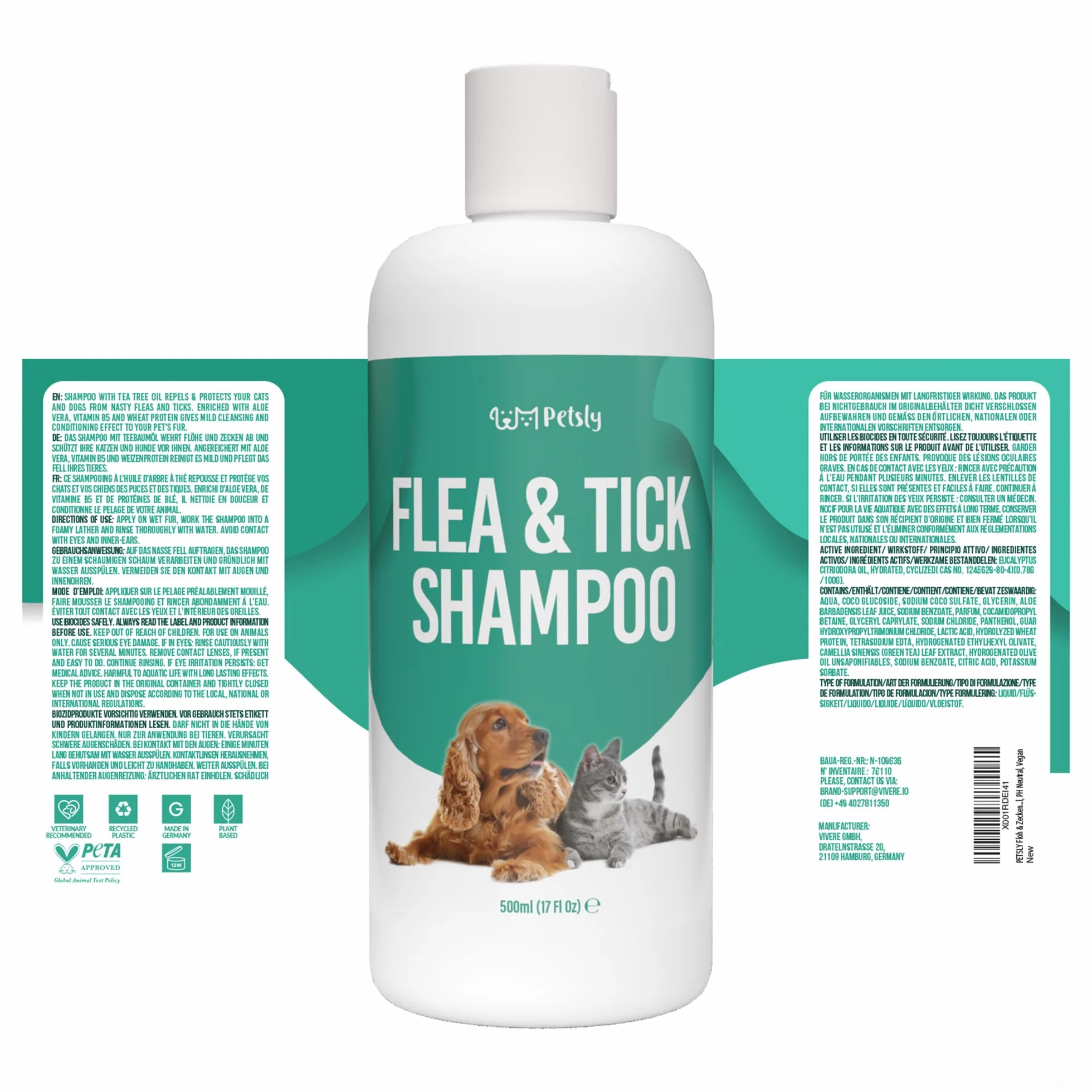 Petsly® Shampoo Antipulci per Cani e Gatti –500 ml– Elimina Pulci e Zecche - pH Bilanciato per Pelli Sensibili, Deterge e Protegge – Formula Delicata con Aloe Vera e Camomilla – Adatto a Cuccioli