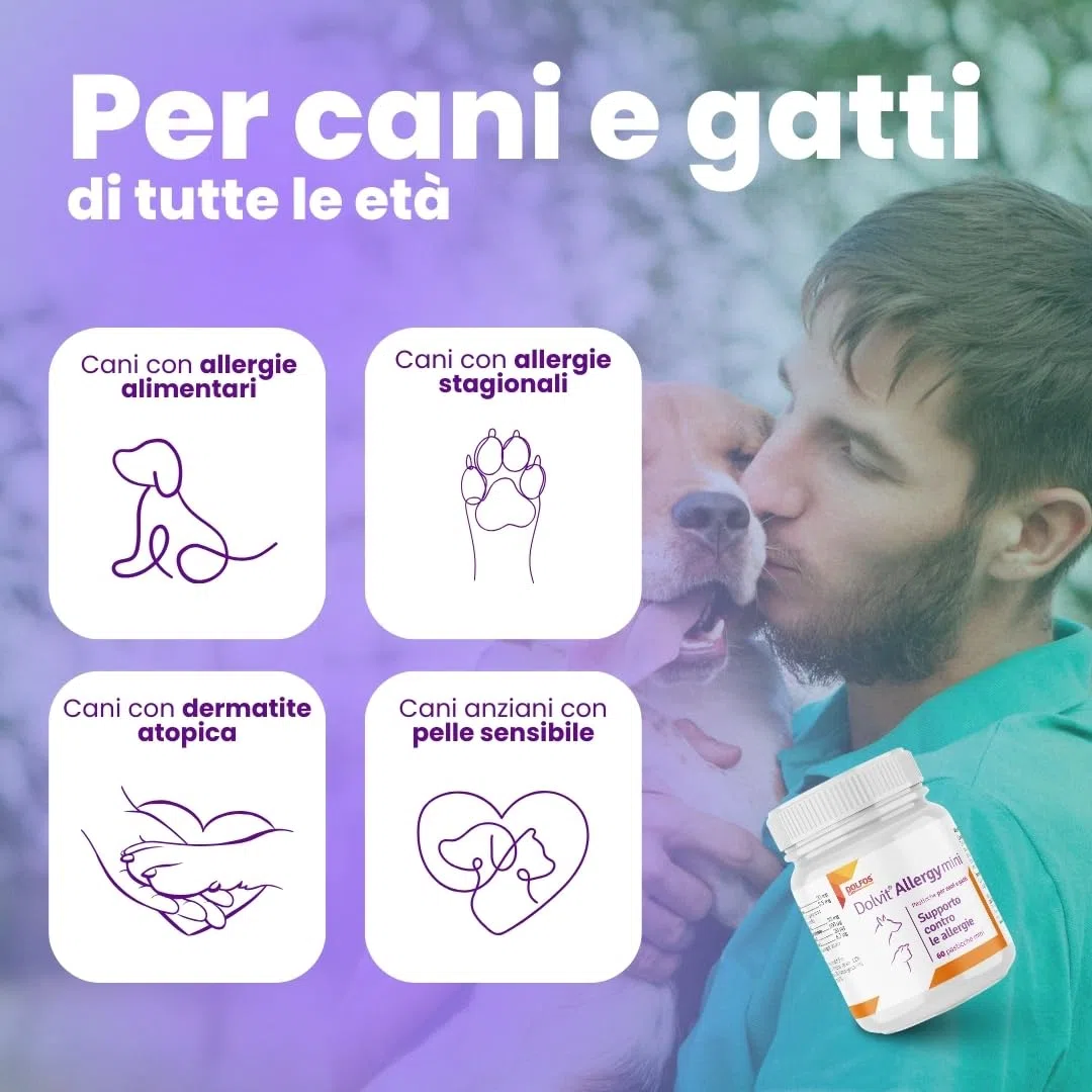 Dolvit Allergy Mini 60 Compresse - Integratori per Cani Naturali - Sollievo da Prurito Cane e Allergie Stagionali - Contrasta Dermatite Cane con formula Sicura e Naturale