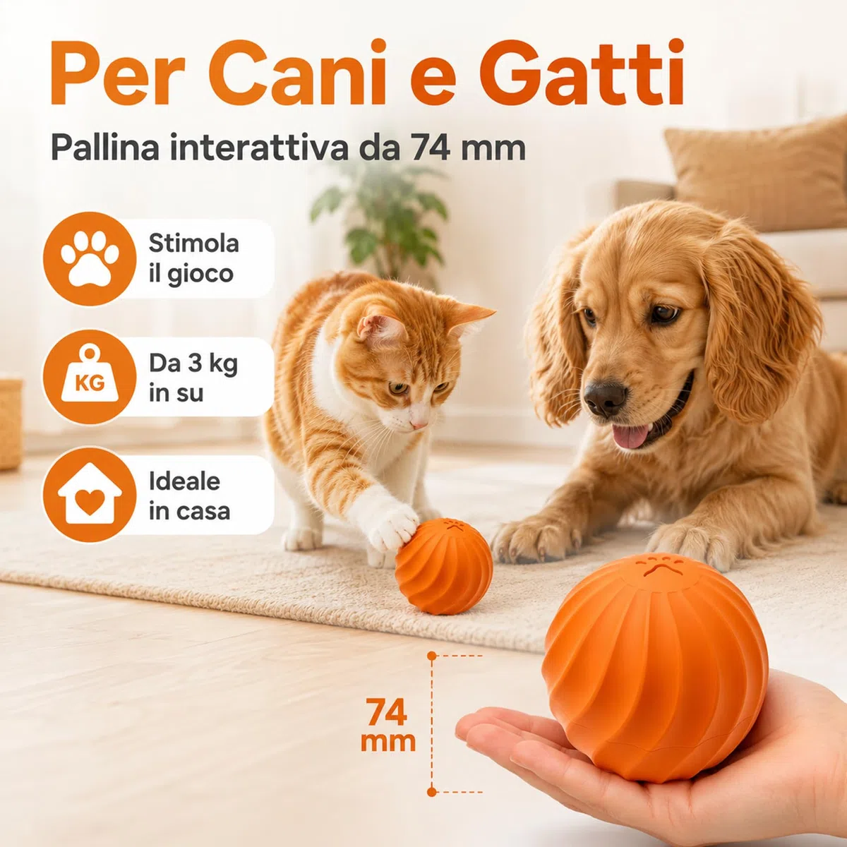 SINOTE'CA Pallina Interattiva per Cani e Gatti, Gioco Automatico con Sensore di Movimento, IP67 Impermeabile e Lavabile, 2 Modalità, 3H Batteria, Gomma Resistente ai Morsi, Ricarica USB-C