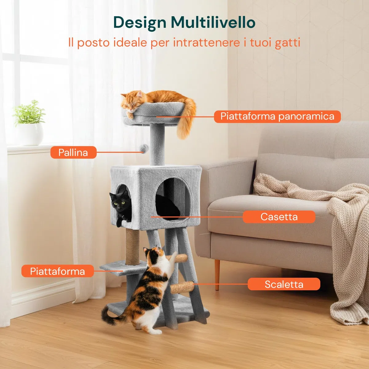 Avilia Albero Tiragraffi per Gatti 92 cm con Cuccia Chiusa e Piattaforme Multilivello – Colonna Sisal Naturale e Scala Integrata, Ideale come Trespolo per Gatti e Giochi in Casa (40x35x92 cm)
