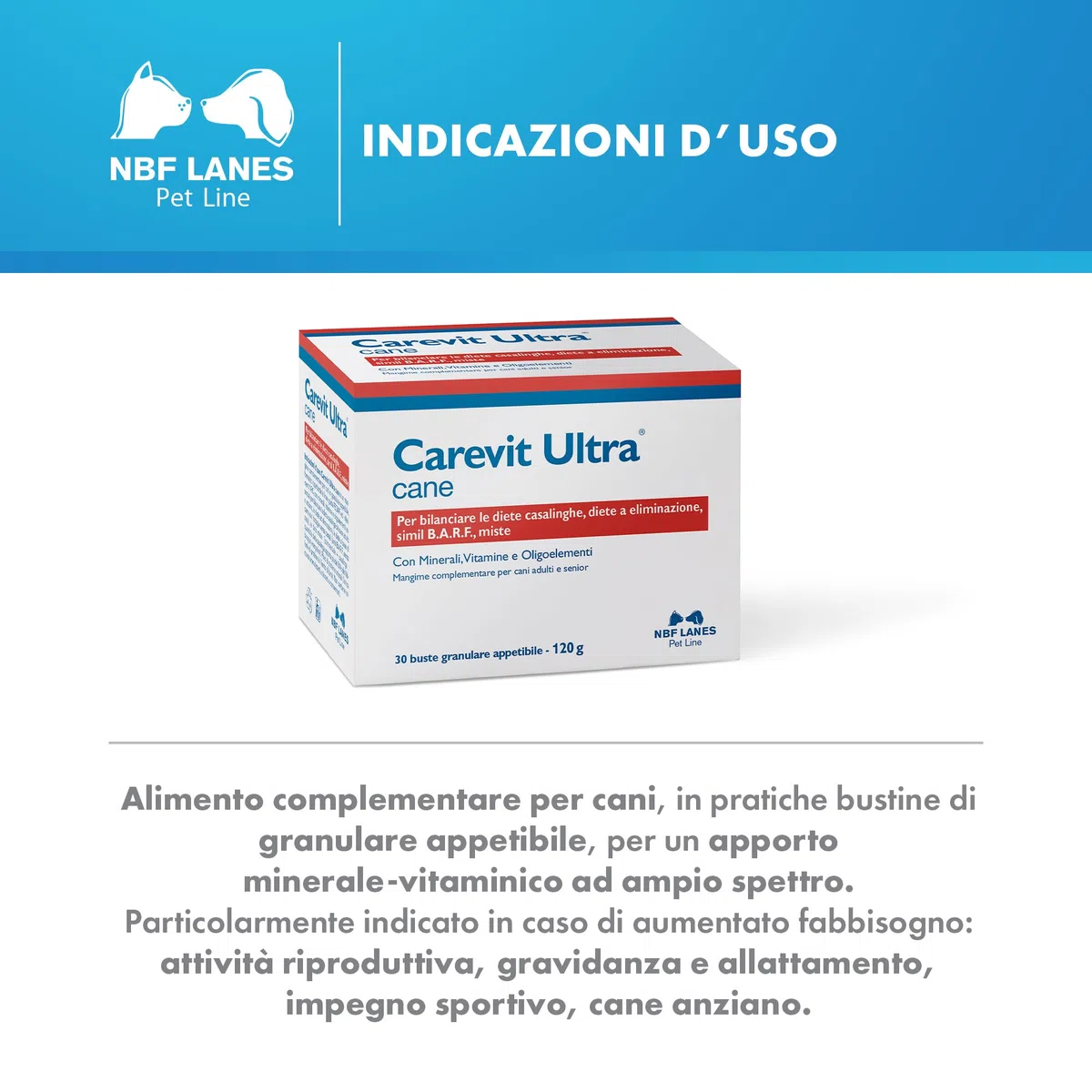 NBF Lanes | Carevit Ultra Cane, 30 Buste da 4 g, Granulare Appetibile, per Bilanciare le Diete Casalinghe, Diete a Eliminazione, Simil B.A.R.F., Diete Miste
