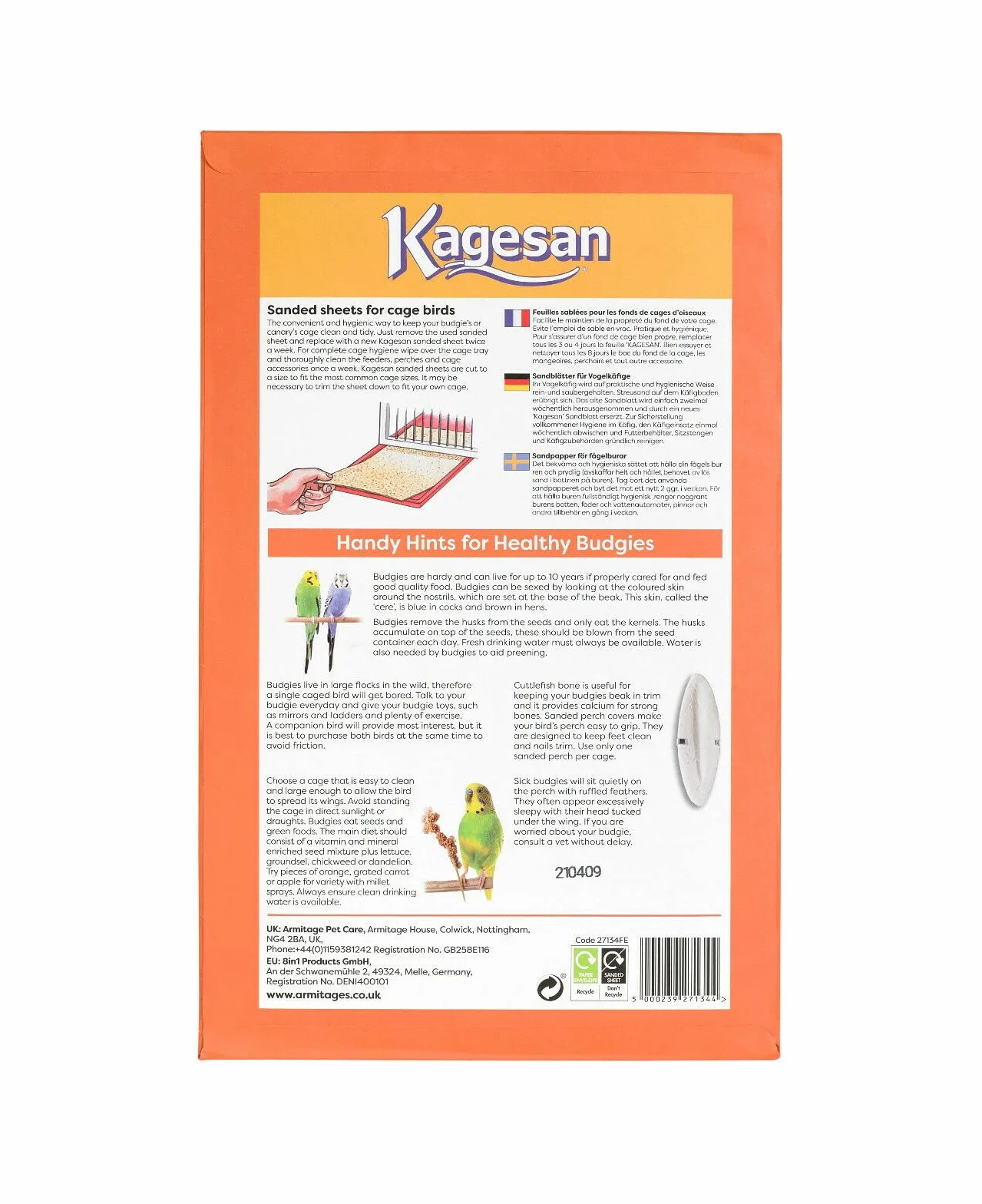 3 PACK Kagesan, fogli di carta sabbiata per gabbie per uccelli, 24 fogli, 35 x 21 cm, 14 x 8 cm