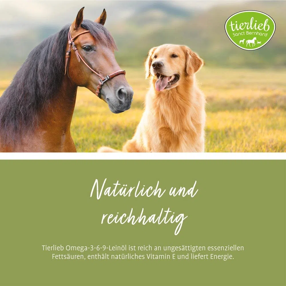 tierlieb Omega 3-6-9 Olio di lino per cavalli e cani, ricco di acidi grassi essenziali insaturi, con vitamina E naturale, 1 litro