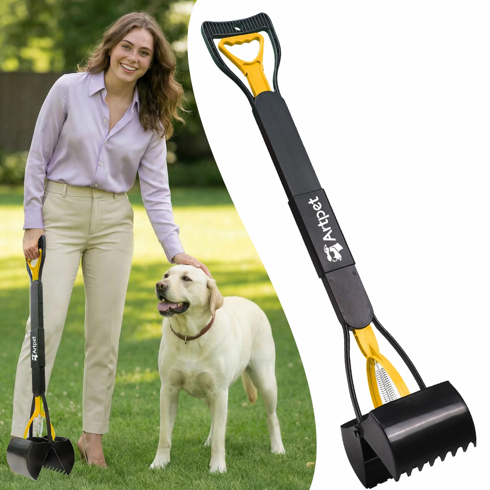 Paletta Raccogli Cacca Cani Manico Lungo 80cm, Pieghevole Raccogli Feci Cane da Giallo