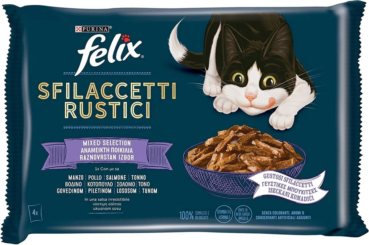 Felix Purina Sfilaccetti Rustici Cibo Umido per Gatti con Manzo, Pollo, Tonno e Salmone 48 buste da 80g