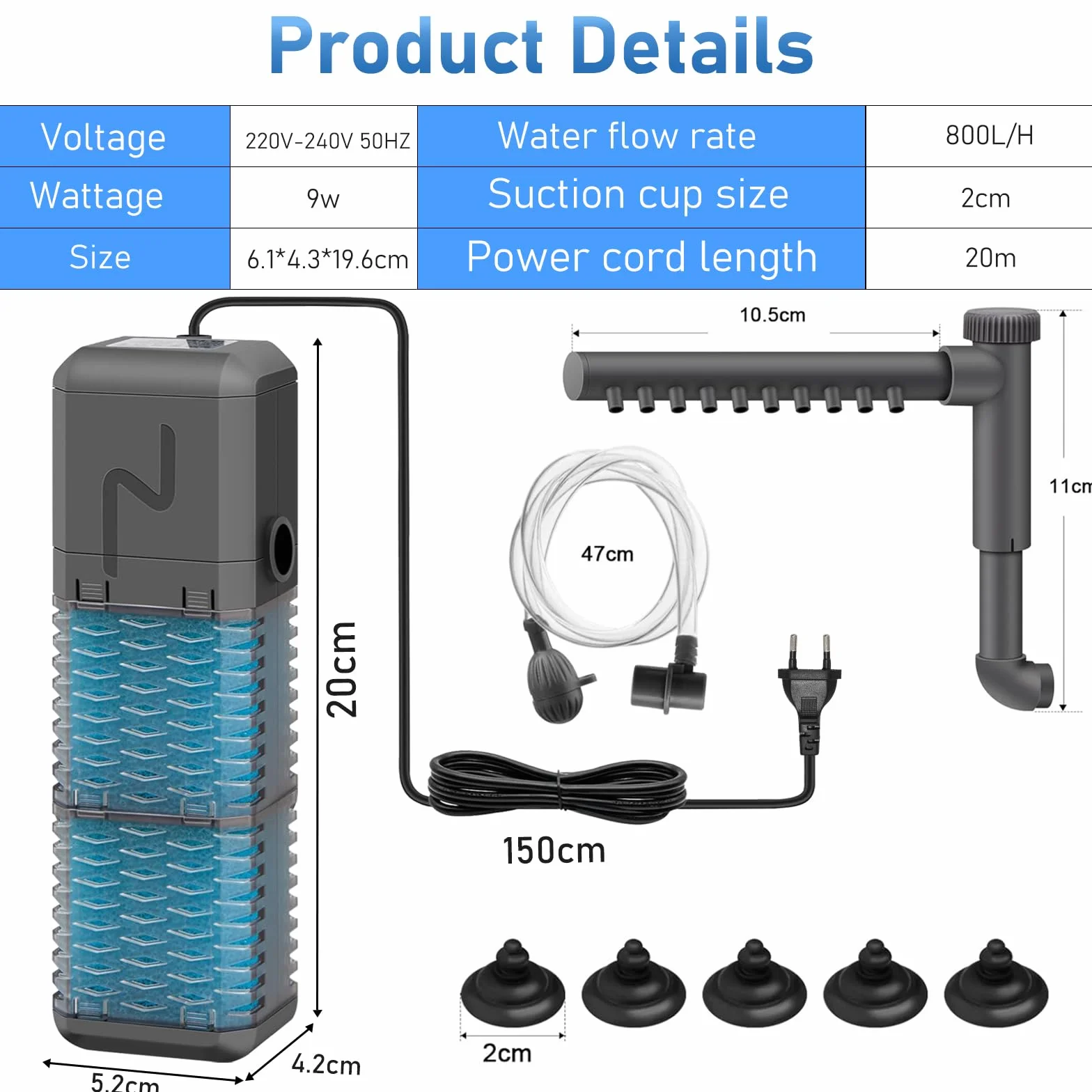 Filtro per Acquario, Pompa Filtro Acquario Regolabile 800L/H, Filtro Interno Acquario Pesci Silenzioso 9W, Filtro Acquario Pesci con Spray Bar, Utilizzato Piccoli Serbatoi Pesci Sotto 250L.
