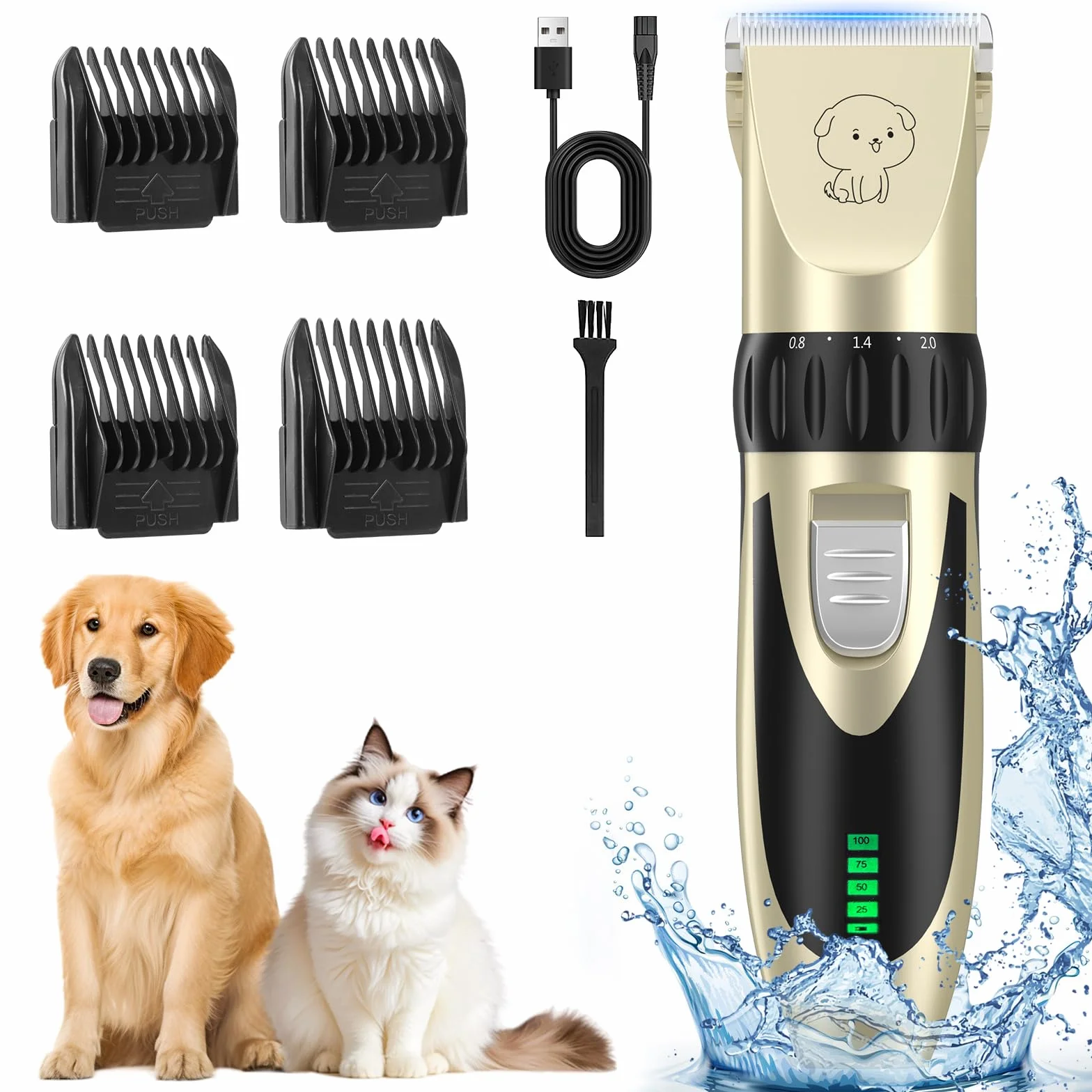 YAZEKY Tosatrice per Cani Professionale, Silenzioso rasoio elettrico per cani, Tosatrice per cani/Gatti Pelo Lungo Ricaricabile con Toelettatura Accessori (Oro)