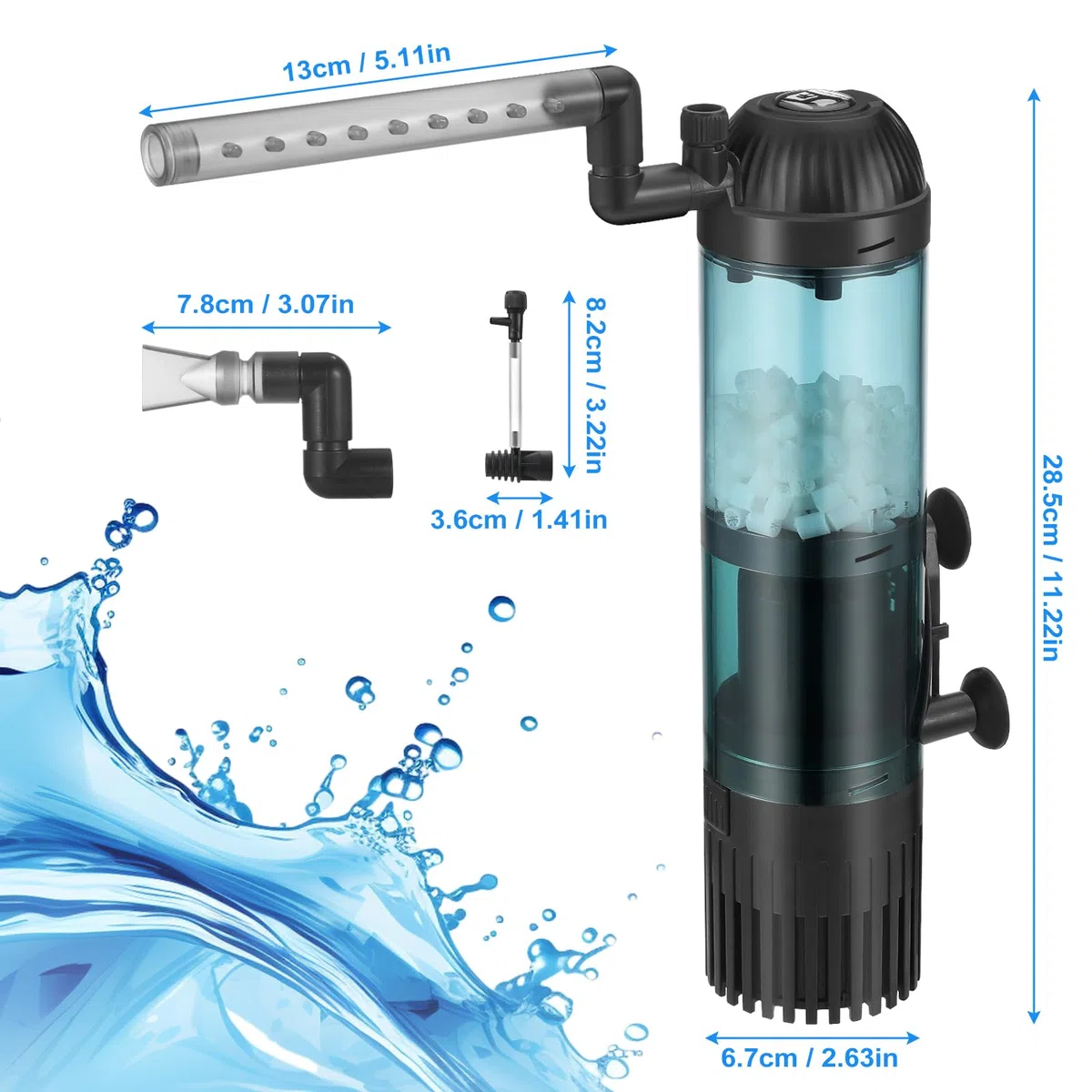 Filtro interno per acquario da 6 W con filtraggio del flusso di 500 l/h, ossigenazione, circolazione per acqua pulita, flusso d'aria regolabile, basso rumore e silenzioso