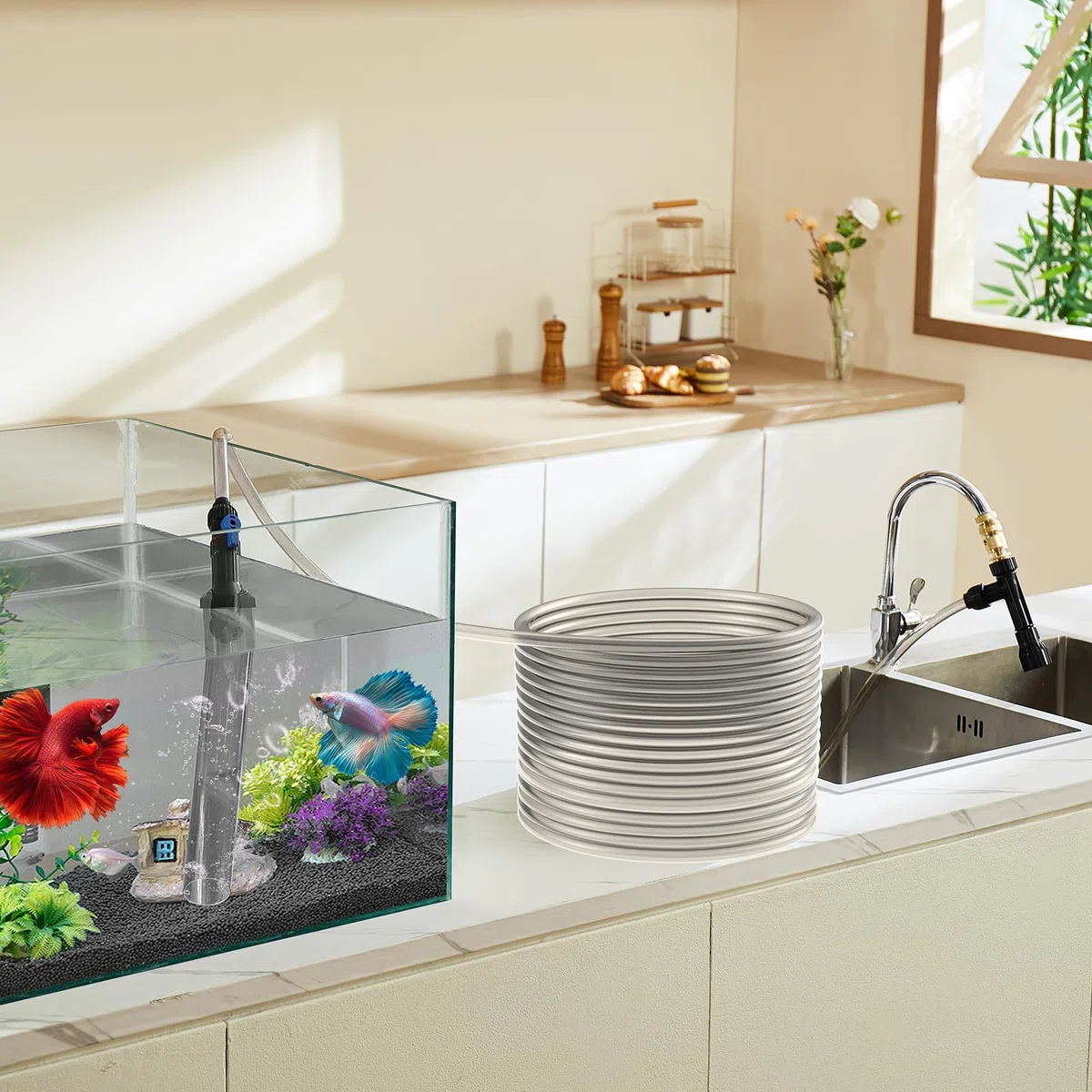 VEVOR Aspiraghiaia per Acquario 15640 x 220 x 58 mm Tubo in PVC 15,2 m Detergente Ghiaia per Acquari, Aspirapolvere Acquario con Sifone, 3 Tipi di Adattatori in Ottone, per Pulizia di Ghiaia, Sabbia