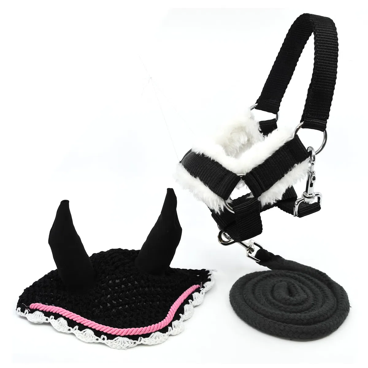 Hobby Horse - Set di accessori per cavezza con cordino e berretto anti-insetti, formato A4 e A3 (nero e rosa)