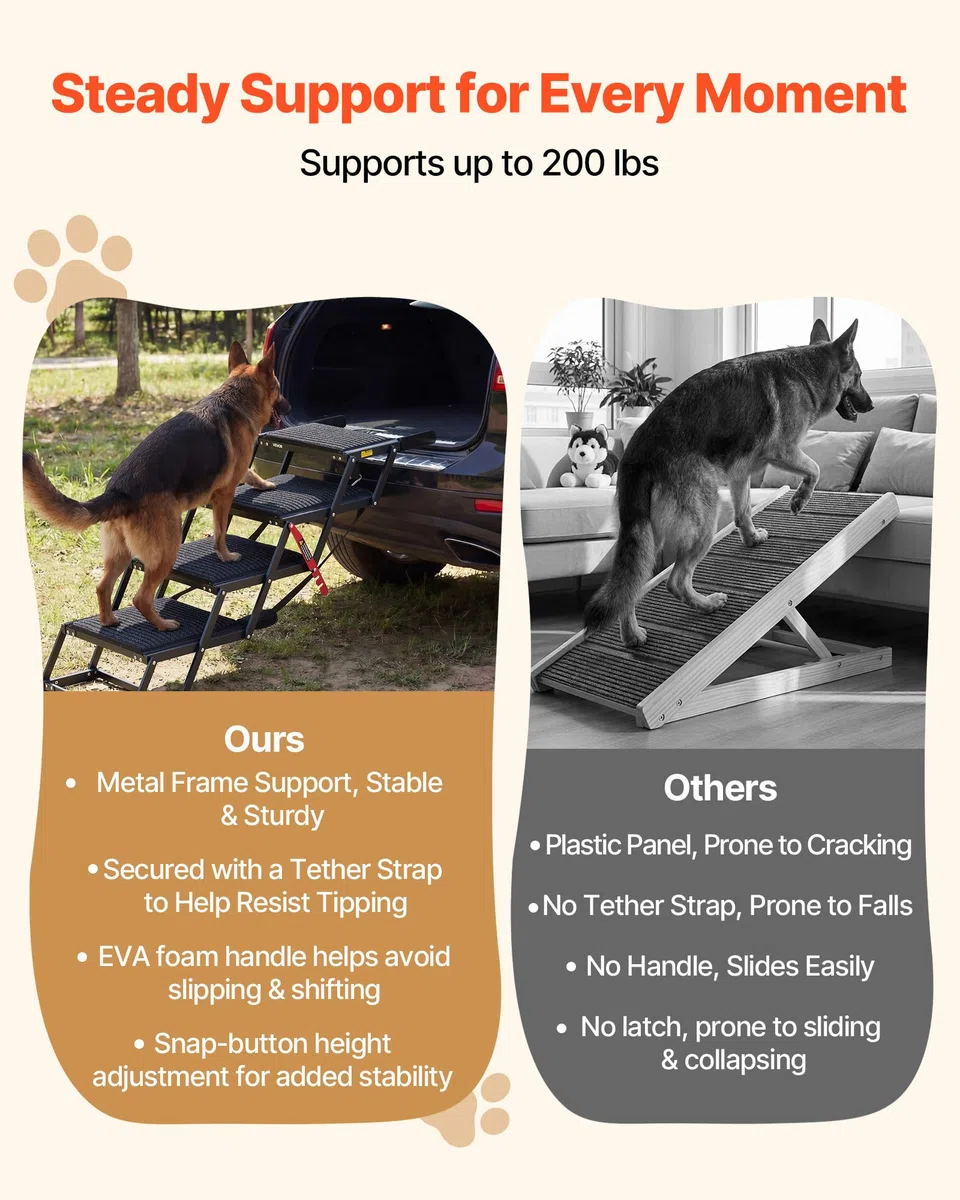 VEVOR Scaletta Pieghevole per Auto per Animali Domestici, Scala Pieghevole a 4 Gradini per SUV Camion Letti Divani per Animali Domestici Carico max 90,72 kg Superficie Antiscivolo, Extra Large